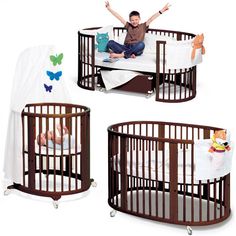 three baby cribs, one with a toddler sitting in it and the other has a stuffed animal