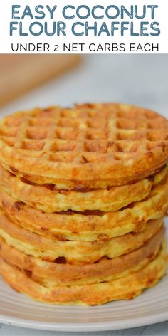 four waffles stacked on top of each other with text overlay that reads easy coconut flour chaffles under 2 net cars each