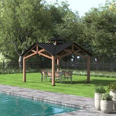 a gazebo sitting next to a swimming pool surrounded by trees and grass with chairs around it