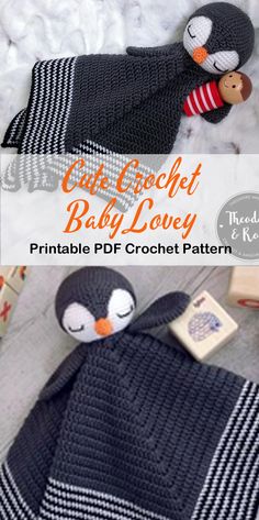 the penguin baby lovey crochet pattern is shown in black and white stripes