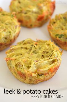 four mini quiche cups on a plate with text overlay that reads, leek and potato cakes easy lunch or side