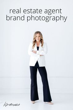 a woman standing in front of a white wall with the words real estate agent brand photography