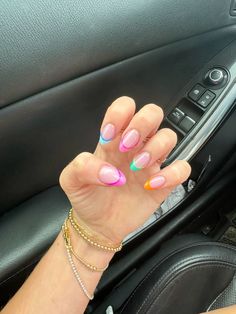 Bright summer nails acrylic almond shape Cute Summer Acrylic Nails Almond, Almond Nails Colorful French Tip, Vacation Nails Almond Shape Simple, Nails Acrylic Almond Summer, Fun Summer Nails Almond, Cute Summer Nails Almond, Almond Summer Nails