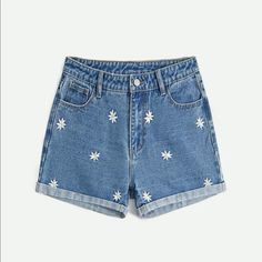 Brand New Denim Cuffed Embroidery Shorts Medium Wash Floral Natural Regular Fit Casual Embroidered Jeans For Summer, High Waist Floral Embroidered Jeans For Summer, Casual Denim Jean Shorts With Floral Embroidery, Casual High Waist Jean Shorts With Floral Embroidery, Trendy Embroidered Jeans For Summer, Casual High Waist Floral Embroidery Jean Shorts, Short Denim Jeans With Floral Embroidery, Casual Short Jeans With Floral Embroidery, Casual Floral Embroidered Jean Shorts