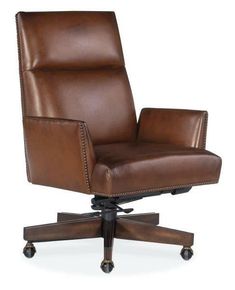 a brown leather office chair with casteors and wheels