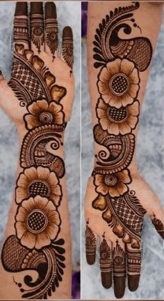 two hands with henna designs on them, one is decorated with flowers and the other has