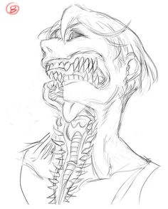 a drawing of a man's face with the mouth open and teeth exposed,