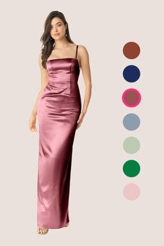 a woman in a long pink dress standing next to color swatches and the same image