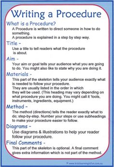 the procedure for writing a procedure is shown in blue and red, with an arrow pointing to