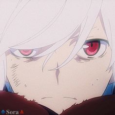 an anime character with white hair and red eyes looks at the camera while staring intently