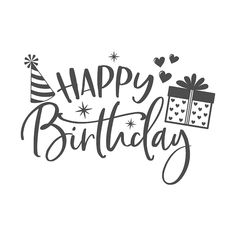 happy birthday card with gift box and hearts on white background, hand drawn lettering in black ink