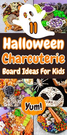 halloween character board ideas for kids with pumpkins, candy and candies on the table