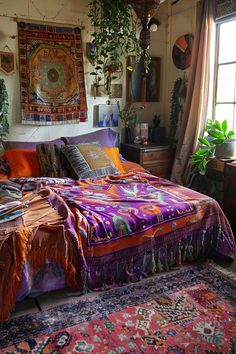 a bed with colorful blankets and pillows in a room filled with potted plants on the wall