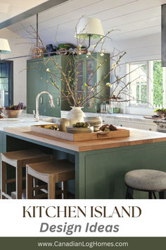 the kitchen island is surrounded by green cabinets and stools