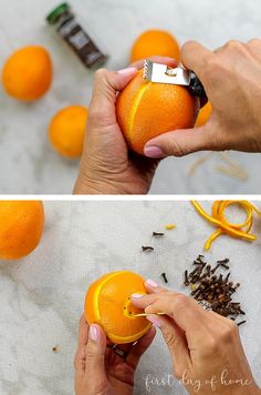 someone peeling an orange into small pieces