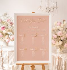 a table plan is displayed in front of a floral centerpiece with pink and white flowers