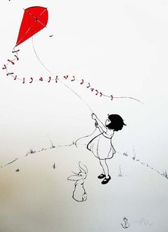 a drawing of a girl flying a kite with a rabbit on the ground next to her