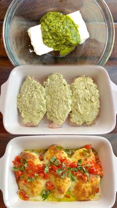 two white dishes filled with food on top of a wooden table