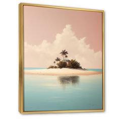 an island with palm trees and clouds in the background on a pink sky day canvas wall art print