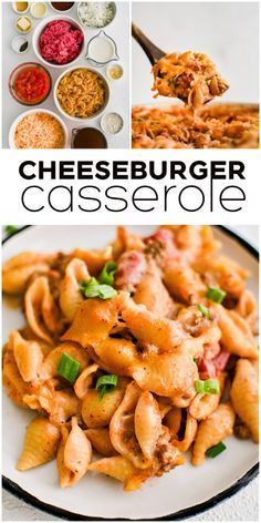 the cover of cheeseburger casserole is shown in three different pictures, including pasta and sauces