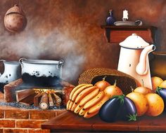 an oil painting of kitchen items on a table