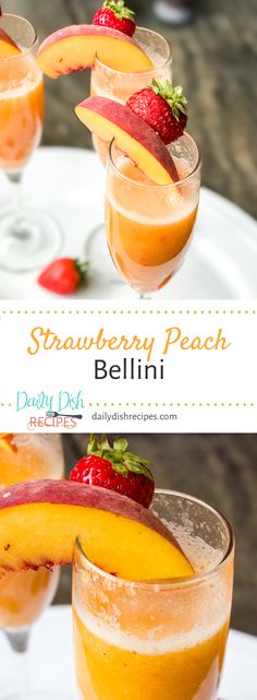 strawberry peach bellini is served in glasses with strawberries and garnishes