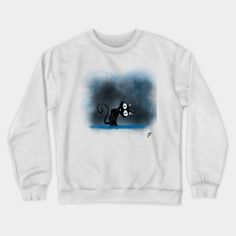 a white sweatshirt with a black cat on it