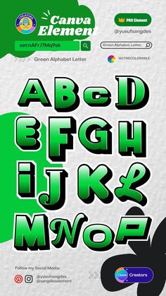 the green alphabet letters and numbers are shown in this graphic design set, which includes an arrow