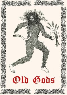 an old gods poster with the image of a man running and holding flowers in his hand