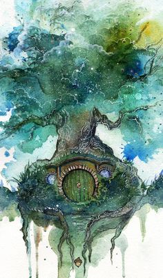 a tree house in the middle of a forest with watercolors on paper and ink