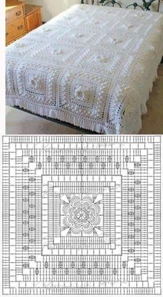 a crocheted bed spread is shown next to an image of the same blanket