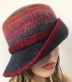 Wine and Charcoal Felted Wool Cloche Hat with Wide Brim, Stylish Winter Felted Hat, handmade in your size Floppy Wool Hat, Art Deco Hats, Wide Brim Felt Hat, Felted Hats, Wool Cloche Hat, Felted Hat, Felt Yarn, Hat Art, One Finger