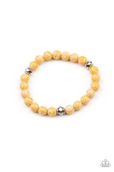 Swirling with yellow details, earthy white beads and faceted silver accents are threaded along a stretchy band around the wrist for a tranquil look. Sold as one individual bracelet. Paparazzi Bracelets, Paparazzi Accessories Jewelry, Stretchy Beaded Bracelet, Yellow Bracelet, Paparazzi Accessories, Stretchy Bracelets, Paparazzi Jewelry, Beaded Stretch Bracelet, Silver Accents