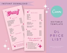 a pink menu with stars on it and the text, instant printable price list