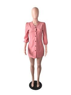 Loose V-neck Casual Solid Shirt Dress Summer V-neck Long Sleeve Dress For Daywear, Chic Long Sleeve V-neck Dress For Day Out, Summer V-neck Long Sleeve Work Dress, Casual V-neck Shirt Dress For Office, Casual Pink Office Dress, Casual Long Sleeve V-neck Dress For Work, Summer Office Dresses With Notched Neckline, Feminine Mini Length Shirt Dress For Brunch, Summer V-neck Long Sleeve Dress For Date Night