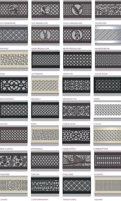 the different types of decorative metal grilles and grill grates in various styles, sizes and colors