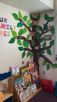 a child's room with a tree made out of cardboard and pictures on the wall