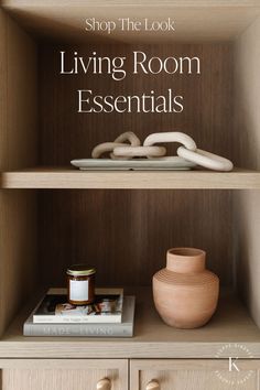 a shelf with some food on it and the words, shop the look living room essentials