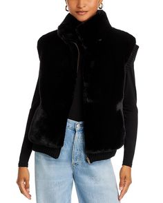 Surell Faux Fur Zip Vest Jewelry & Accessories - Bloomingdale's Black Faux Fur Vest Outfit, Black Fur Vest Outfit, Fur Vest Outfit, Faux Fur Vest Women, Winter Faux Fur Vest With Fur Trim, Black Fur Vest, Wide Leg Jeans Cropped, Women Faux Fur Vest, Luxury Faux Fur Vest