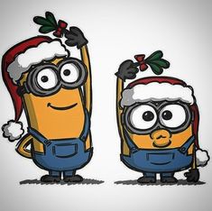 two minion characters wearing christmas hats and glasses