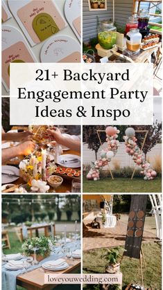 an outdoor party with pink and green decorations, flowers and cards on the table is featured in this collage that says 21 + backyard engagement party ideas & inspo