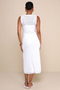 Your aesthetic will be completely stunning in the Lulus Effortlessly Sultry White Ribbed Knit Bodycon Midi Dress! Stretchy ribbed knit fabric shapes this stunning dress that has a crew neckline and a sleeveless bodice with a sheer dÃ©colletage and a fitted waist. Bodycon skirt finishes at a midi hem. Fit: This garment fits true to size. Length: Mid-calf length. Size medium measures 48" from shoulder to hem. Bust: Great for any cup size. Waist: Fitted - stretchy fabric allows custom fit. Hip: Loo White Ribbed Stretch Bodycon Dress, V-neck Ribbed Bodycon Dress For Party, Elegant Ribbed Knit Bodycon Dress, Knee-length Knit Bodycon Party Dress, Elegant White Ribbed Bodycon Dress, Knee-length Ribbed Sweater Dress For Party, Ribbed Knit Dresses For Party, Ribbed Knit Sweater Dress For Night Out, Ribbed Knit Party Dress