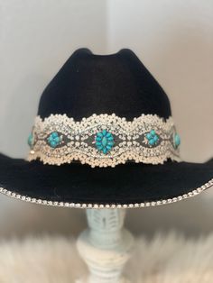 Hand crafted hat jewelry. Personalize it to however you like. From the Lace and ribbon to the stones. Adjustable Western Jewelry For Party, Adjustable Western Style Party Jewelry, Adjustable Western Style Jewelry For Parties, Adjustable Rhinestone Hat Bands For Western-themed Events, Adjustable Rhinestone Hat Bands For Festivals, Adjustable Bling Hat For Country Events, Elegant Embellished Hats For Festival, Elegant Handmade Rodeo Hat, Elegant Handmade Hat Bands For Rodeo