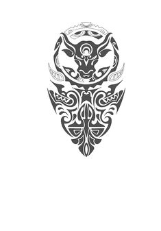 an abstract tattoo design in black and white, with the head of a demon on it's face