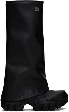 Handcrafted calf-high layered buffed faux-leather boots in black. · Rubberized logo patch at outer side · Logo plaque at outer side · Faux-leather lining · Sculptural TPU platform midsole · Treaded TPU outsole · Platform: H1.75 Supplier color: Black Hiking Fits, Men In Heels, Black Rain Boots, Faux Leather Boots, Rubber Boots, Dream Shoes, Designer Boots, Tall Boots, Rubber Rain Boots