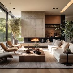 a living room with couches, chairs and a fire place