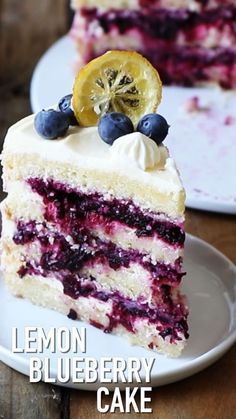 a slice of lemon blueberry cake on a plate