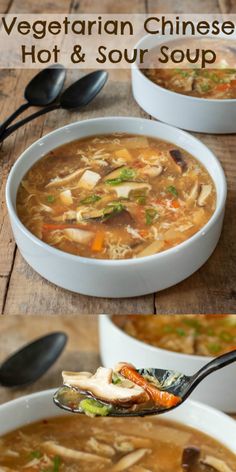 two bowls of vegetarian chinese hot and sour soup on a wooden table with spoons