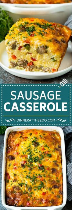 sausage casserole with cheese and vegetables in a white dish