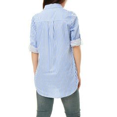 Clean stripes lend a graphic touch to this button-down shirt. A trendy hi-low hem and roll up sleeves for added laid-back appeal. Wear this on the weekend running errands or Sunday brunch. Pairing it perfectly with your favorite trousers and heels for an instant charming outfit. Amp up your ensemble with this stripes shirt. Material: Black/Light Blue: 65% Polyester,35% Cotton; Khaki/Blue: 50% Cotton,50% Polyester; Dark Blue/Red/Gray/Pink/Dark Purple/Light Purple/Green: 100% Cotton. Blue Tops With Roll-up Sleeves For Spring, Blue Shirt With Roll-up Sleeves And Shirttail Hem, Blue Tops With Roll-up Sleeves For Daywear, Blue Shirt With Placket And Shirttail Hem, Blue Collared Top With Roll-up Sleeves, Blue Shirt With Rolled Sleeves For Daywear, Blue Blouse With Shirttail Hem For Daywear, Blue Button-up Shirt With Roll-up Sleeves, Blue Tops With Placket And Shirttail Hem